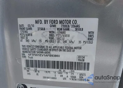 2010 Ford F-150 Fx4/Harley-Davidson/King Ranch/Lariat/Platinum/Xl/Xlt из США, поврежденный, VIN 1FTFW1EV1AFB93860